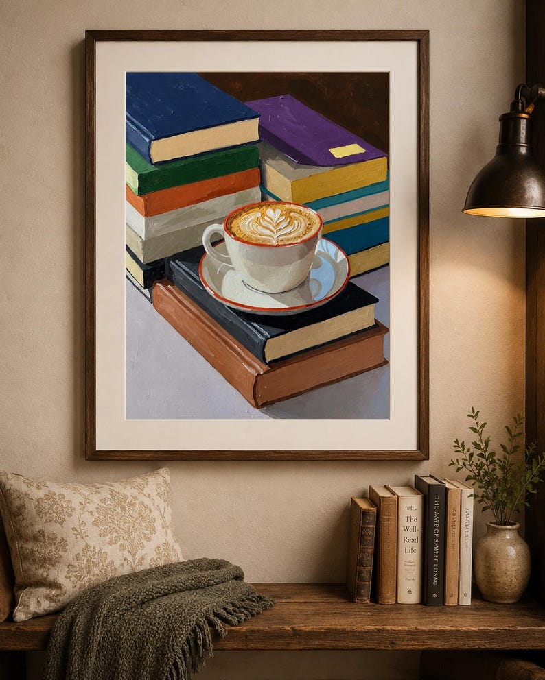 Coffee and Books Wall Art | Cozy Reading Nook Print | Book Lover Oil Painting image 2