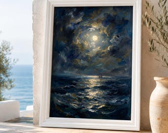 Moody Night Seascape Print, Moonlight Ocean Oil Painting, Dark Academia Nautical Decor