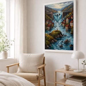 May include: A framed landscape painting depicts a village nestled along a river with a large waterfall and dam. The artwork features a vibrant color palette with shades of blue, green, and brown. The painting is displayed on a white wall in a well-lit room.
