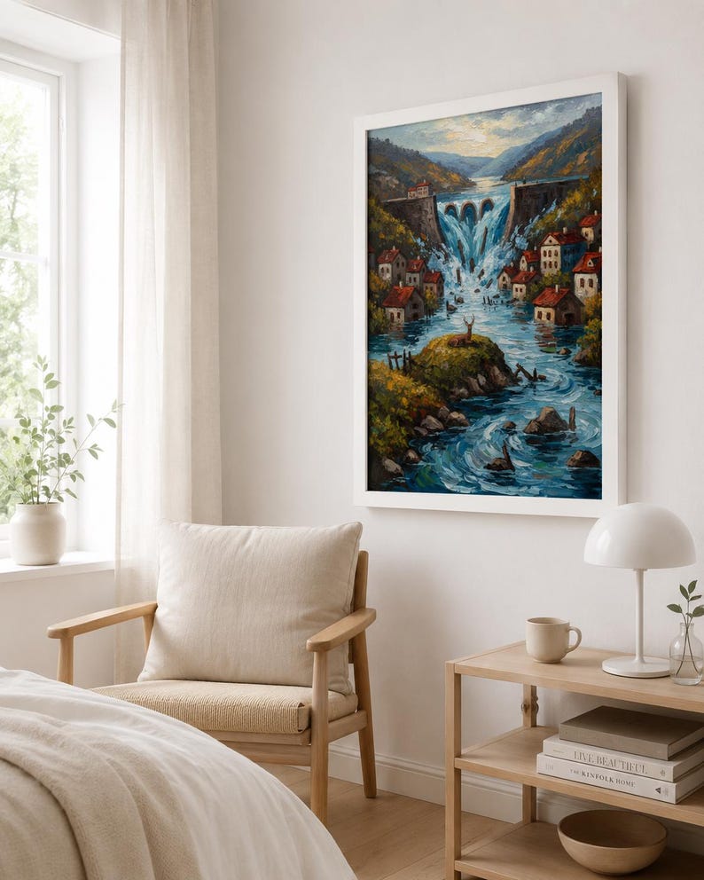 May include: A framed landscape painting depicts a village nestled along a river with a large waterfall and dam. The artwork features a vibrant color palette with shades of blue, green, and brown. The painting is displayed on a white wall in a well-lit room.