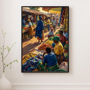 May include: A framed art print showing a vibrant outdoor market. The image features people in bright clothing, stalls laden with produce, and shaded areas. The artwork's color scheme is warm, with oranges, yellows, and blues creating a lively atmosphere.