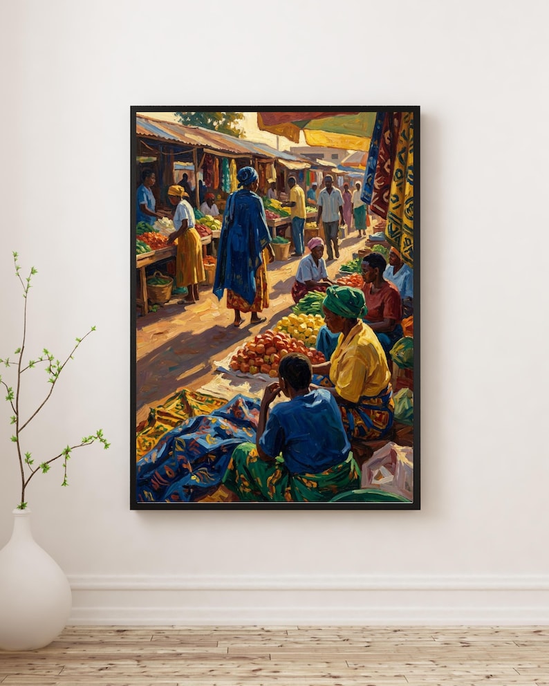 May include: A framed art print showing a vibrant outdoor market. The image features people in bright clothing, stalls laden with produce, and shaded areas. The artwork's color scheme is warm, with oranges, yellows, and blues creating a lively atmosphere.