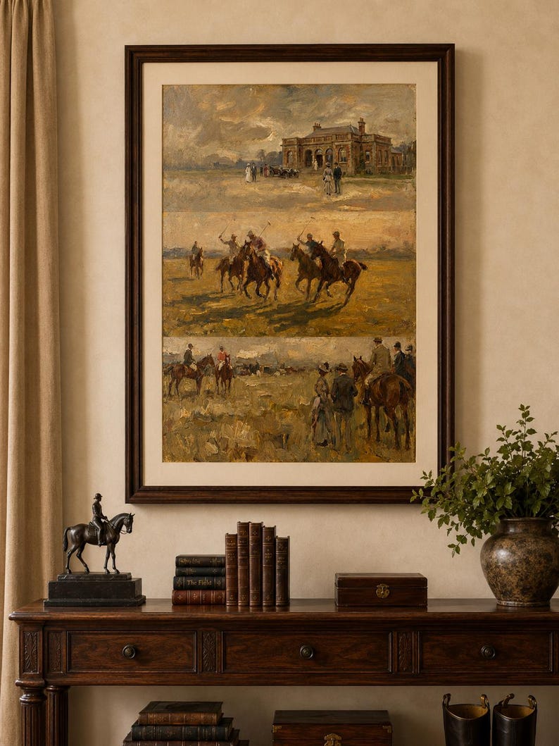 Sztuka meczu polo w stylu vintage | Stary wydruk jeździecki | Obraz olejny w stylu country club zdjęcie 6