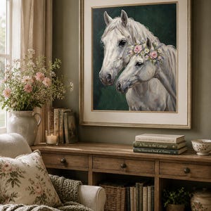 Op de afbeelding: Een ingelijst schilderij van twee witte paarden, waarvan &eacute;&eacute;n met een bloemenkrans, hangt boven een houten kast. De kamer heeft een neutraal kleurenpalet met een vaas met roze bloemen, boeken en een comfortabele fauteuil.