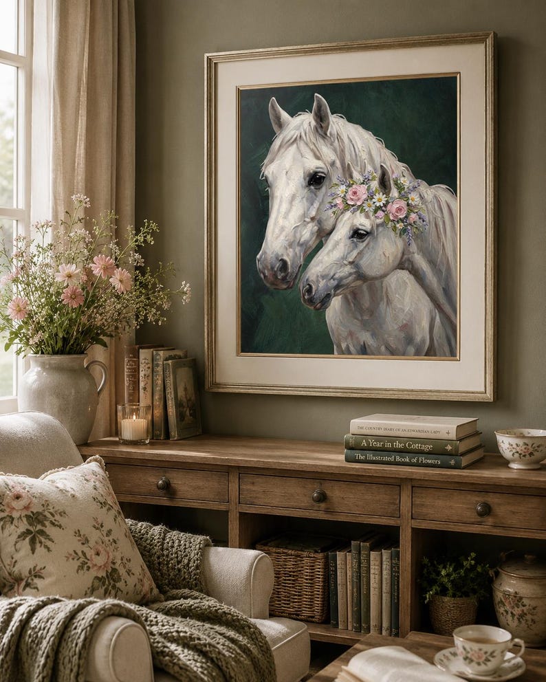 Op de afbeelding: Een ingelijst schilderij van twee witte paarden, waarvan &eacute;&eacute;n met een bloemenkrans, hangt boven een houten kast. De kamer heeft een neutraal kleurenpalet met een vaas met roze bloemen, boeken en een comfortabele fauteuil.