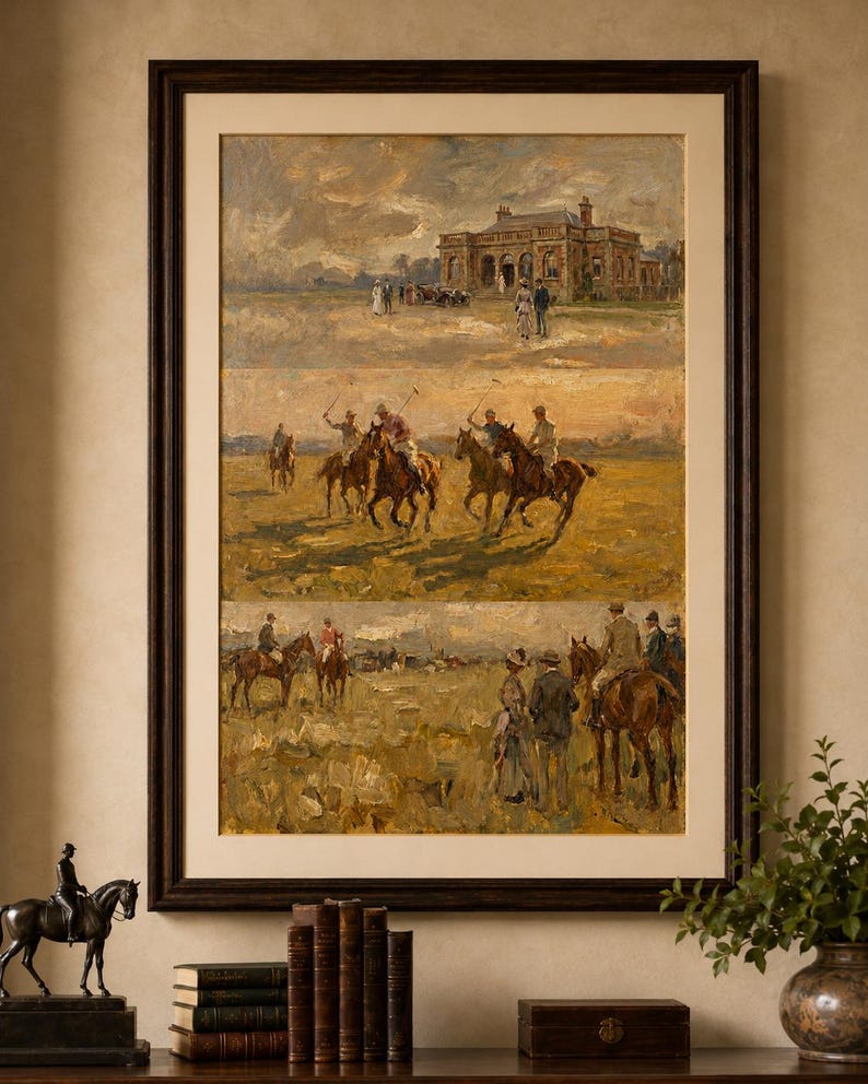 Sztuka meczu polo w stylu vintage | Stary wydruk jeździecki | Obraz olejny w stylu country club zdjęcie 1