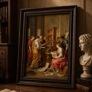 Puede incluir: Un cuadro enmarcado que representa una escena hist&oacute;rica con figuras vestidas a la manera cl&aacute;sica alrededor de una imprenta. La obra de arte presenta colores ricos, un marco de madera oscura y se exhibe en una habitaci&oacute;n con un busto y muebles antiguos.