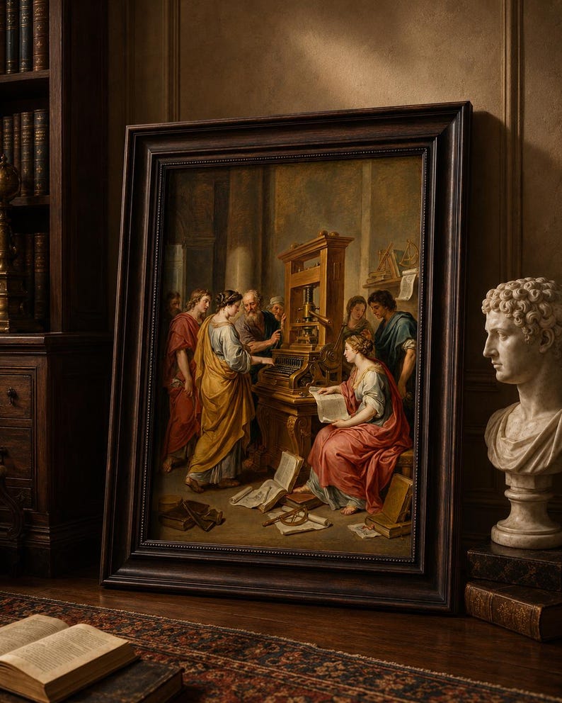 Puede incluir: Un cuadro enmarcado que representa una escena hist&oacute;rica con figuras vestidas a la manera cl&aacute;sica alrededor de una imprenta. La obra de arte presenta colores ricos, un marco de madera oscura y se exhibe en una habitaci&oacute;n con un busto y muebles antiguos.