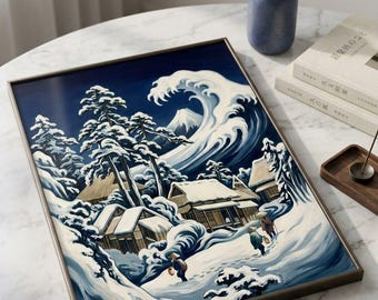 Snowy Japanese Village Wall Art | Mount Fuji Wave Print | Blue Winter Landscape Digital Download