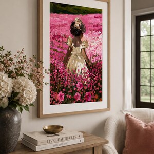 Little Girl Nursery Art | Pink Flower Field Print | Cottagecore Oil Painting image 3