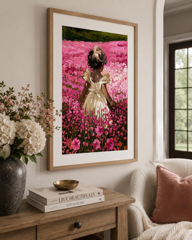 Little Girl Nursery Art | Pink Flower Field Print | Cottagecore Oil Painting image 3