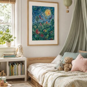May include: A framed watercolour painting of a fantastical landscape with a yellow sun, birds, and flowers. The artwork hangs above a child's bed with a light wood frame, a white duvet, and decorative pillows. A stuffed bunny and teddy bear sit on the bed.