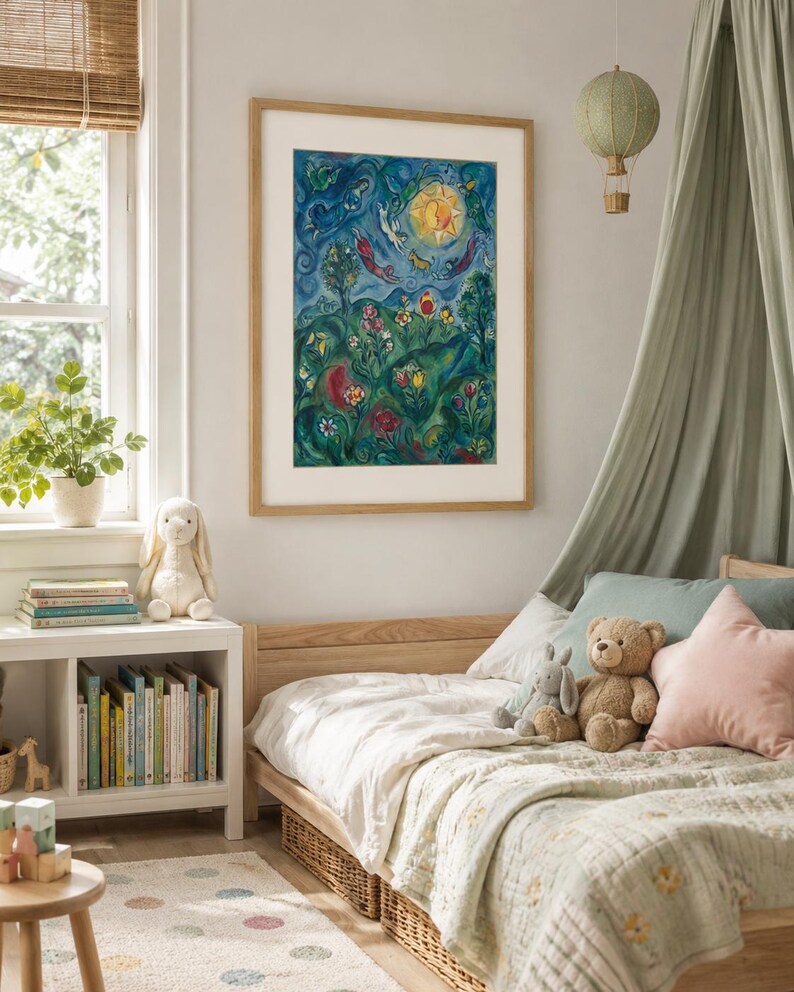 May include: A framed watercolour painting of a fantastical landscape with a yellow sun, birds, and flowers. The artwork hangs above a child's bed with a light wood frame, a white duvet, and decorative pillows. A stuffed bunny and teddy bear sit on the bed.