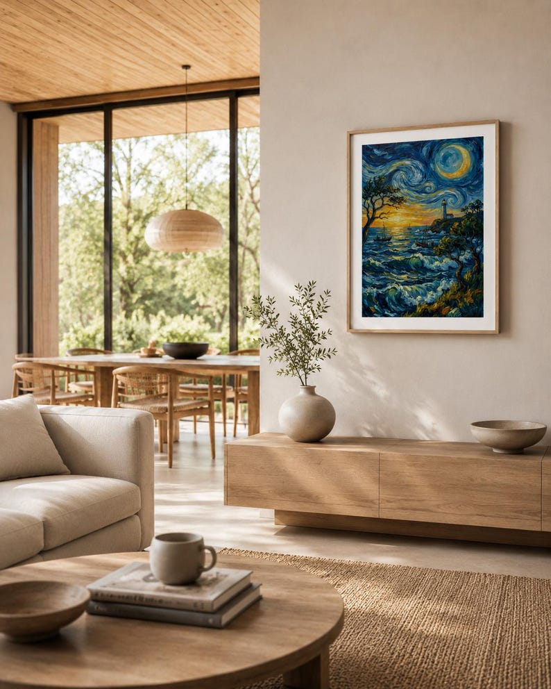 Op de afbeelding: Een ingelijste kunstdruk met een kustlandschap met een vuurtoren onder een wervelende nachthemel. Het kunstwerk heeft een levendig kleurenpalet van blauw, geel en oranje, met een houten lijst. De print wordt gepresenteerd in een moderne woonkamer.