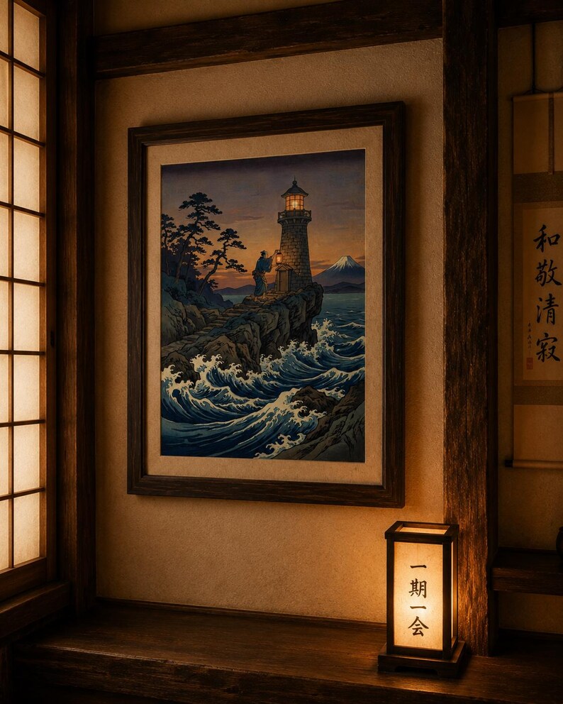 May include: A framed artwork depicting a lighthouse on a rocky coast with crashing waves. The artwork features a person with a lantern, a mountain in the distance, and a warm color palette. A small lantern with Japanese text sits below the artwork.