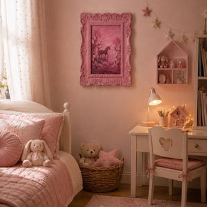 May include: A pink bedroom scene with a bed, desk, and decorative elements. A framed painting of a unicorn hangs on the wall. A white desk and chair are set up for studying. A woven basket holds stuffed animals. A pink rug with star patterns completes the room.
