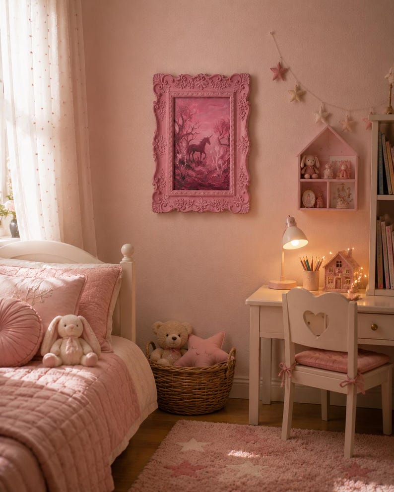May include: A pink bedroom scene with a bed, desk, and decorative elements. A framed painting of a unicorn hangs on the wall. A white desk and chair are set up for studying. A woven basket holds stuffed animals. A pink rug with star patterns completes the room.