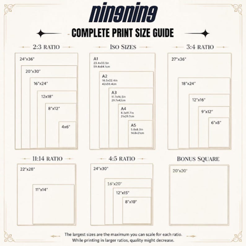 May include: A print size guide with the text "ningning" at the top. The guide displays various print sizes in inches and centimeters, including 24x36 (61x91cm), 20x30 (51x76cm), 16x24 (41x61cm), 12x18 (30x46cm), 8x12 (20x30cm), and more.