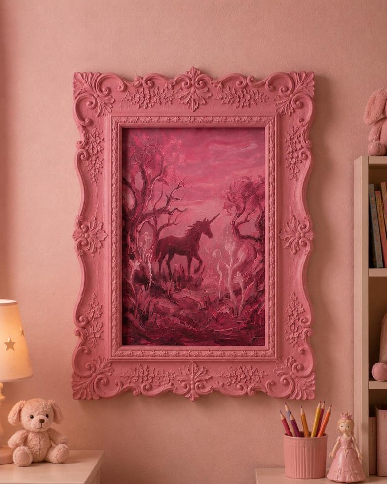 May include: A pink framed painting of a unicorn in a forest scene. The painting is in a pink ornate frame. The room is decorated in shades of pink, with a teddy bear, lamp, and pencils visible.