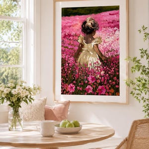 Little Girl Nursery Art | Pink Flower Field Print | Cottagecore Oil Painting image 8
