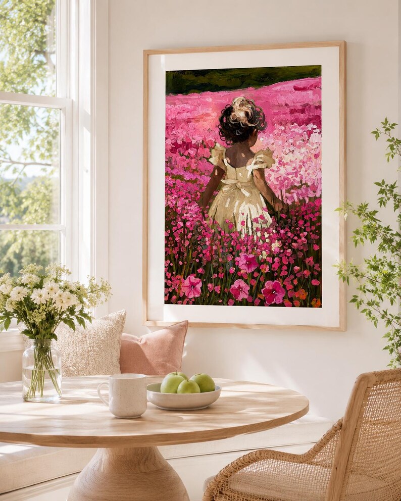 Little Girl Nursery Art | Pink Flower Field Print | Cottagecore Oil Painting image 8