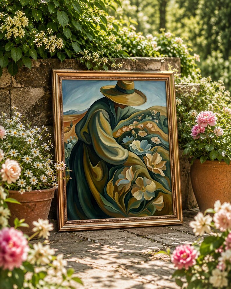 May include: A framed painting with a gold border depicts a figure in a hat and long coat tending to flowers in a field. The artwork features a palette of greens, blues, and yellows. The painting is propped against a stone wall, surrounded by potted flowers.