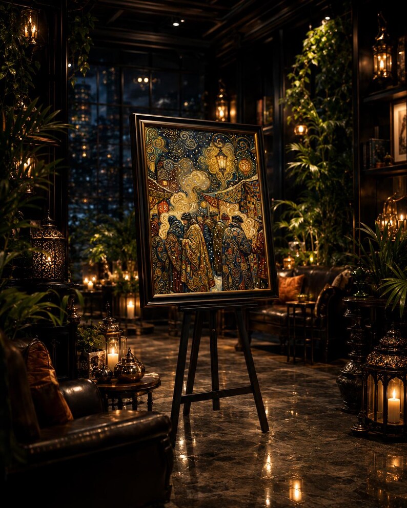 Op de afbeelding: Een ingelijst schilderij op een houten ezel, met een menigte figuren in gedetailleerde, kleurrijke kleding. Het kunstwerk bevindt zich in een zwak verlichte kamer met kaarsen, lantaarns en groen, wat een warme sfeer cre&euml;ert. De lijst van het schilderij is zwart.