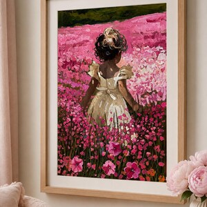 Little Girl Nursery Art | Pink Flower Field Print | Cottagecore Oil Painting image 1