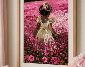 Little Girl Nursery Art | Pink Flower Field Print | Cottagecore Oil Painting
