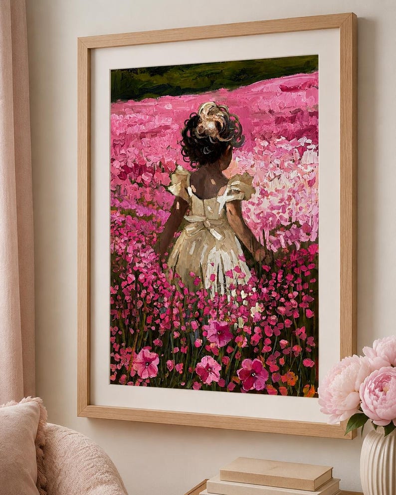 Little Girl Nursery Art | Pink Flower Field Print | Cottagecore Oil Painting image 1