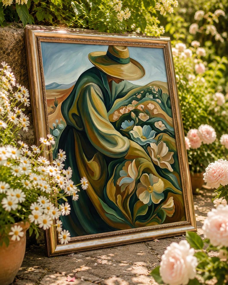 May include: A framed painting depicts a person in a wide-brimmed hat tending to flowers in a field. The artwork features a palette of greens, blues, and yellows, with a gold-colored frame. The painting is leaning against a stone wall, surrounded by flowers.