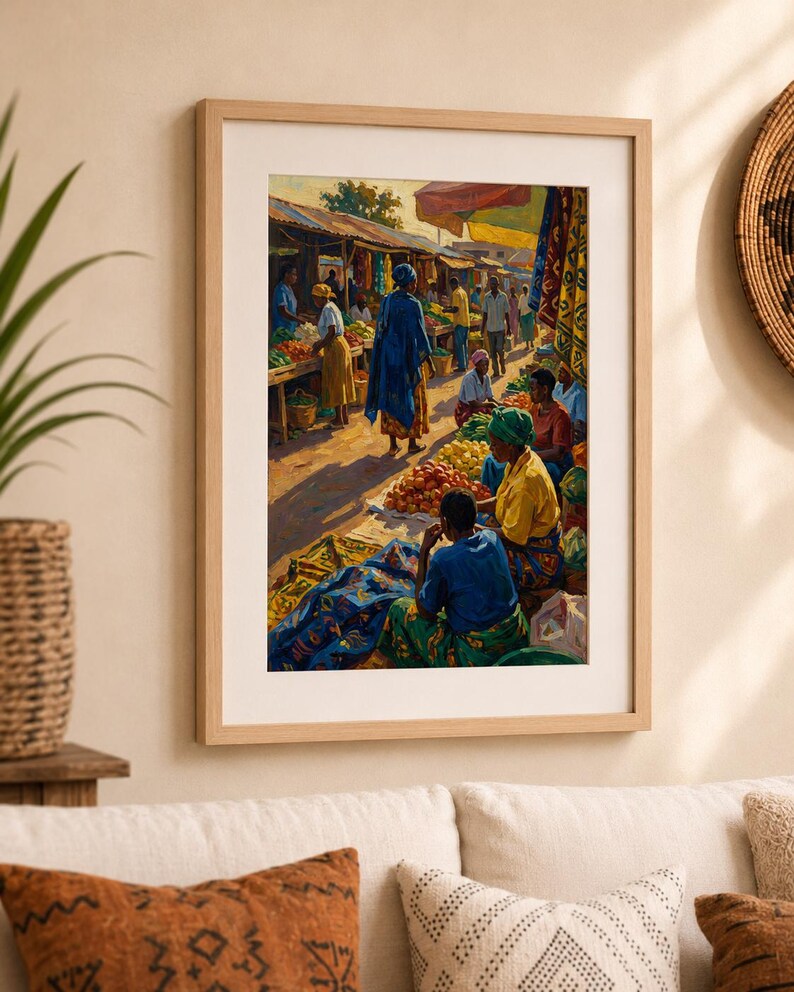 May include: Framed print of a vibrant market scene. The artwork shows people in colourful clothing, trading fruits and vegetables. The market is under a canopy, with sunlight illuminating the scene. The frame is a light wood colour.
