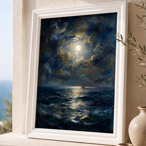 May include: A framed oil painting depicts a moonlit seascape. The artwork features a full moon shining through dark, swirling clouds, casting a golden glow on the ocean. The waves are painted in shades of blue and white, with a small boat visible.