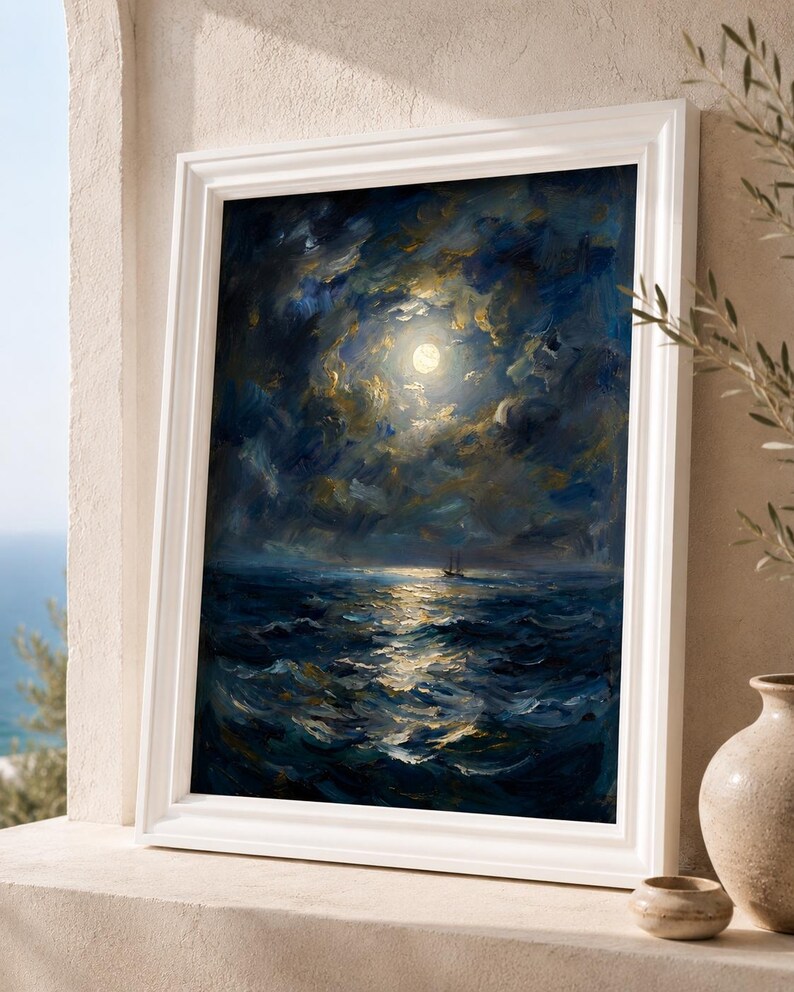 May include: A framed oil painting depicts a moonlit seascape. The artwork features a full moon shining through dark, swirling clouds, casting a golden glow on the ocean. The waves are painted in shades of blue and white, with a small boat visible.
