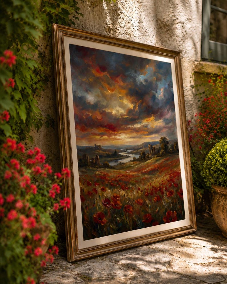 K&ouml;nnte beinhalten: Gerahmtes Landschaftsgem&auml;lde, das ein Feld roter Mohnblumen unter einem dramatischen Himmel mit Orange-, Blau- und Goldt&ouml;nen zeigt. Das Gem&auml;lde befindet sich in einem goldenen Rahmen und lehnt an einer Steinmauer.