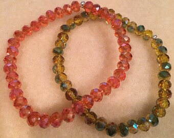 Faceted Autumn Orange & Yellow-Green Aurora Borealis Crystal Bead Stretch Bracelet Set with Sterling Silver Accent