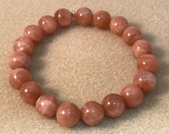 Sunstone Bracelet, 10mm Beaded Gemstone Stretch Bracelet, Mens Womens Unisex Genuine Sunstone Jewelry