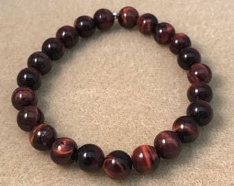 Red Tiger Eye Bracelet, 8mm Beaded Stretch Bracelet, Genuine Tigers Eye Jewelry, Mens Womens Unisex