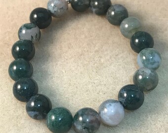 Moss Agate Bracelet, 10mm Stretch Beaded Bracelet, Genuine Moss Agate Jewelry, Mens Womens Unisex custom handmade boho gift