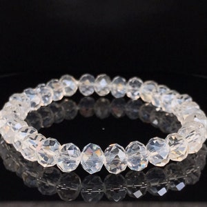Crystal "Diamond" Clear Glass Bead Aurora Borealis Bracelet, 8mm AB Iridescent Faceted Beaded Stretch Bracelet, Women's Jewelry Gift for Her