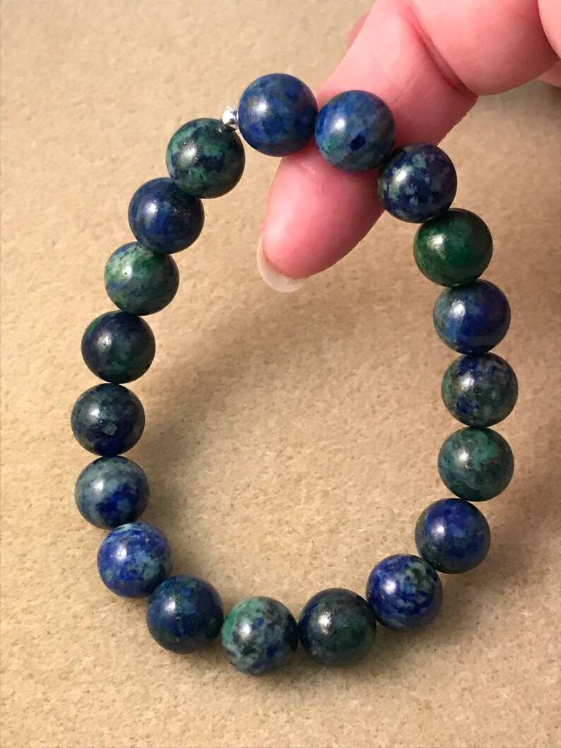11mm Stretch Beaded Bracelet Azurite Bracelet Genuine Azurite Malachite Jewelry Mens Womens Unisex