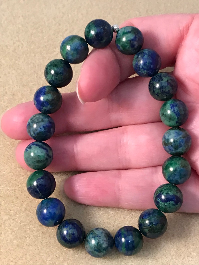 11mm Stretch Beaded Bracelet Azurite Bracelet Genuine Azurite Malachite Jewelry Mens Womens Unisex