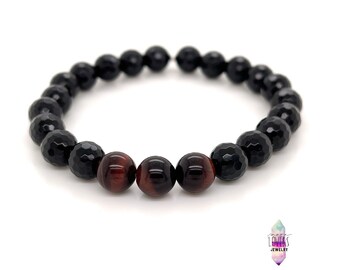 Red Tigers Eye & Faceted Black Tourmaline Bracelet, AAA 8mm Stretch Beaded Crystal Bracelet, Gemstone Handmade Jewelry, Mens Womens Unisex