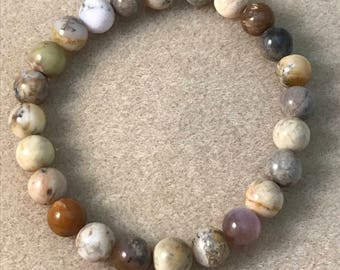 Dendritic Opal Round 8mm Bead Stretch Bracelet With Sterling Silver Accent