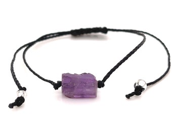 Amethyst Bracelet, Genuine Raw Stone Jewelry, Minimalist Dainty Gemstone Adjustable Macrame String Bracelet, Mens Womens Unisex