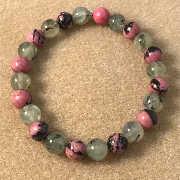 Rhodonite Prehnite Epidote Bracelet, Beaded Bracelet, Bead Bracelet, Stretch Bracelet, Gemstone Bracelets, Rhodonite Jewelry, 8mm Bracelet