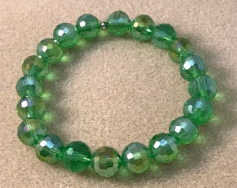 Iridescent Grass Green Glass Bracelet, Aurora Borealis Crystal Bead Bracelet, 10mm Beaded Stretch Bracelet
