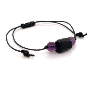 Amethyst Raw Black Tourmaline Bracelet, Minimalist Adjustable Beaded Gemstone String Protection Bracelet, Mens Womens Unisex image 3