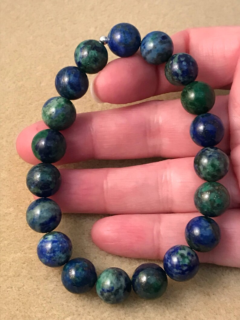 11mm Stretch Beaded Bracelet Azurite Bracelet Genuine Azurite Malachite Jewelry Mens Womens Unisex