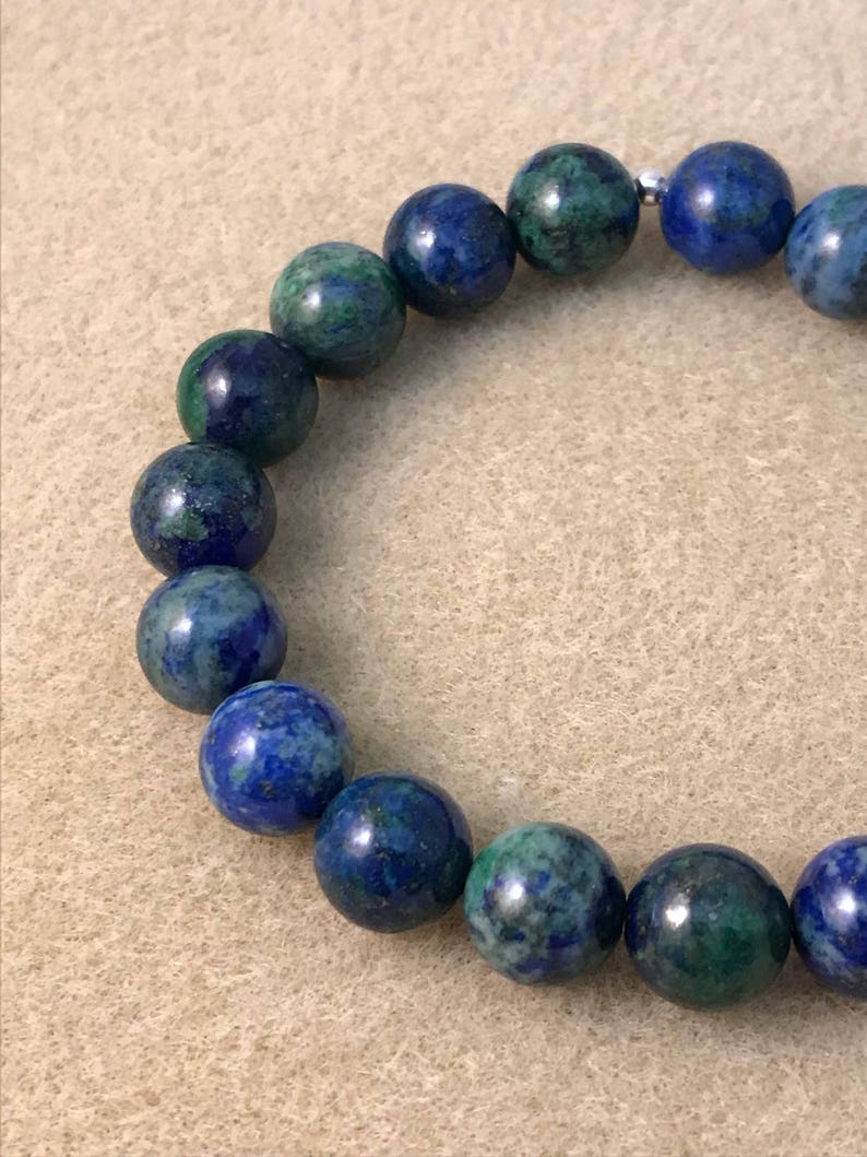 11mm Stretch Beaded Bracelet Azurite Bracelet Genuine Azurite Malachite Jewelry Mens Womens Unisex